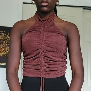 Ruched Halter Crop Top With Tie